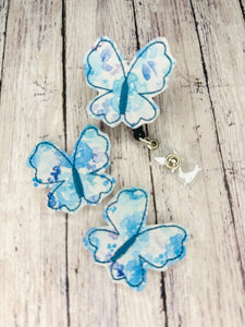 Blue Watercolor Floral Butterfly Badge Feltie