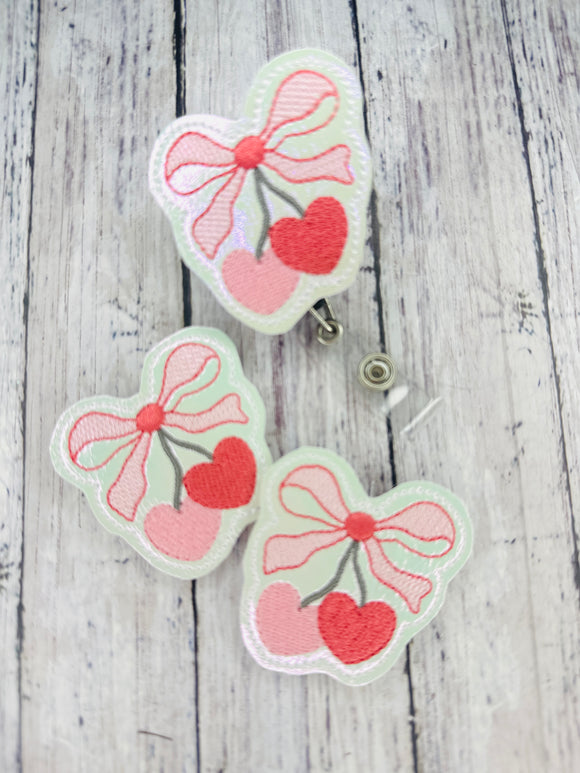 Cherry Heart Bow Badge Feltie