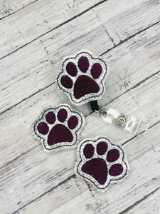 Maroon and Silver Paw Print Badge Feltie