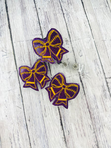 Purple & Gold Football Bow Badge Feltie