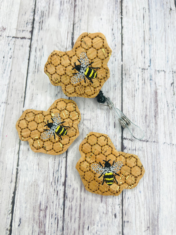 Cork Bee Hive Heart Badge Feltie