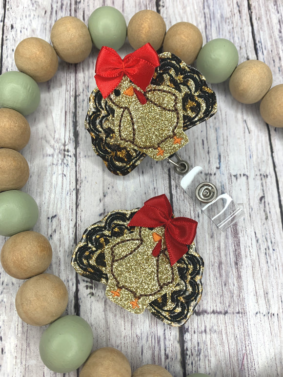 Leopard Feather Turkey with Bow Badge Feltie
