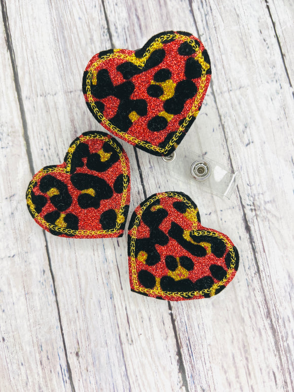 Red Glitter Cheetah Heart Badge Feltie